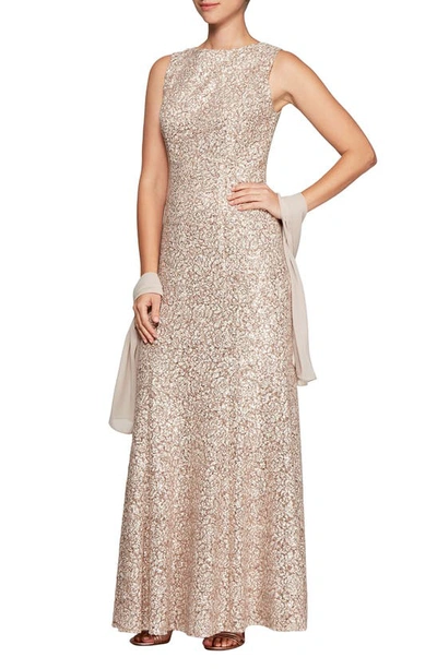 Alex Evenings Sequin Trumpet Gown With Shawl In Champagne