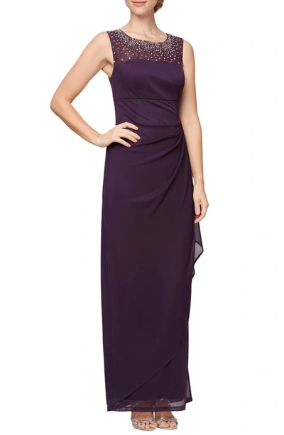 Alex Evenings Petite Embellished Illusion Gown In Eggplant