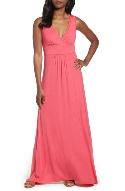 Loveappella V-neck Jersey Maxi Dress In Pink Polish