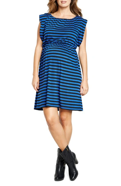 Maternal America Maternity Printed Kimono Tunic Dress In Blue Stripes