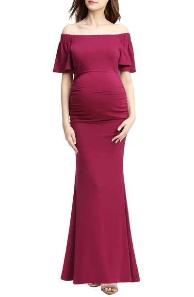 Kimi And Kai Abigail Off The Shoulder Maternity Trumpet Gown In Berry