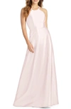 Alfred Sung Lace-up Back Satin Twill A-line Gown In Blush