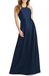 Alfred Sung Lace-up Back Satin Twill A-line Gown In Midnight