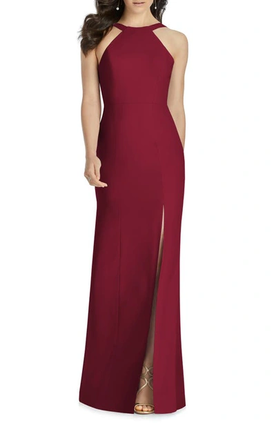 Dessy Collection Cutaway Shoulder Crepe Column Gown In Burgundy