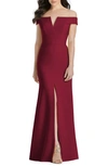 Dessy Collection Off-the-shoulder Notch Trumpet Gown With Front Slit In Burgundy