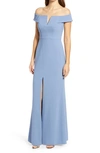 Dessy Collection Notched Off The Shoulder Crepe Gown In Larkspur