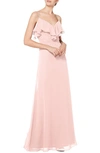 Levkoff Embellished Ruffle Neck Chiffon A-line Gown In Petal Pink