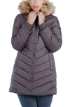 Modern Eternity Faux Fur Trim Convertible Puffer 3-in-1 Maternity Jacket In Dark Grey