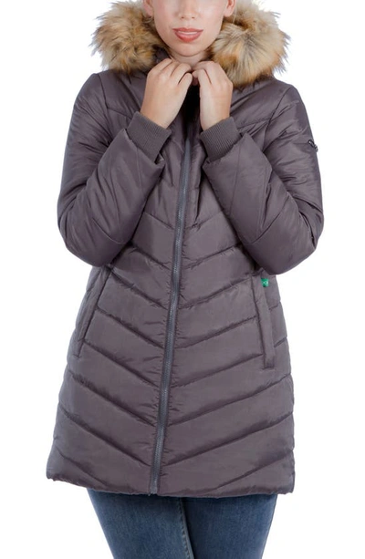 Modern Eternity Faux Fur Trim Convertible Puffer 3-in-1 Maternity Jacket In Dark Grey