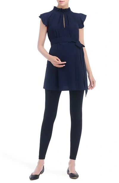 Kimi And Kai Karlena Flutter Sleeve Belted Maternity Top In Navy