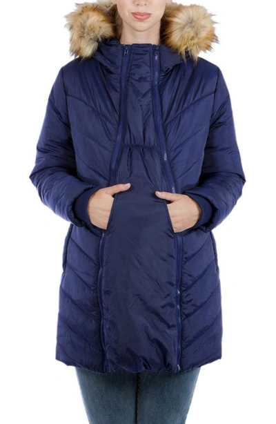 Modern Eternity Faux Fur Trim Convertible Puffer 3-in-1 Maternity Jacket In Navy