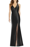 Alfred Sung V-neck Halter Satin Trumpet Gown In Black