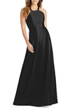 Alfred Sung Lace-up Back Satin Twill A-line Gown In Black