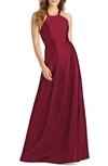 Alfred Sung Lace-up Back Satin Twill A-line Gown In Burgundy