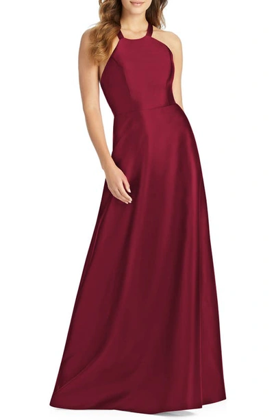 Alfred Sung Lace-up Back Satin Twill A-line Gown In Burgundy