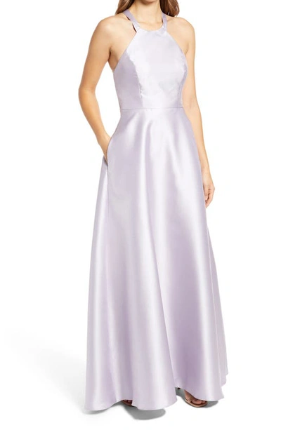 Alfred Sung Lace-up Back Satin Twill A-line Gown In Moondance
