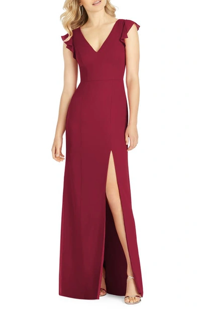 After Six V-neck Ruffle Sleeve Column Gown In Burgundy