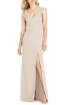 After Six V-neck Ruffle Sleeve Column Gown In Cameo