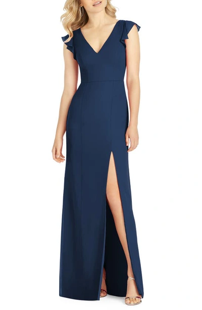 After Six V-neck Ruffle Sleeve Column Gown In Midnight