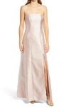 Alfred Sung Strapless Sateen Twill Gown With Slit In Cameo