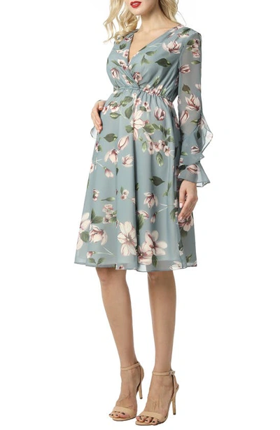 Kimi And Kai Floral Print Long Sleeve Chiffon Maternity Dress In Multicolored