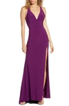 Mac Duggal Deep V-neck Slit Jersey Gown In Aubergine
