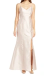 Alfred Sung Surplice Neck Satin Twill Trumpet Gown In Cameo