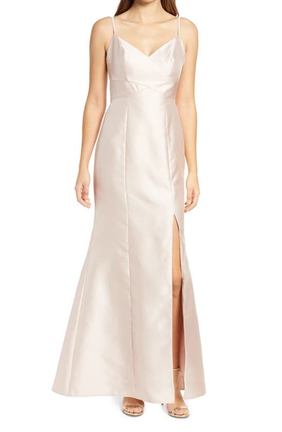 Alfred Sung Surplice Neck Satin Twill Trumpet Gown In Cameo