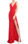 Mac Duggal V-neck Sleeveless Thigh-slit Column Gown In Red