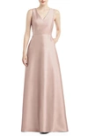 Alfred Sung V-neck Satin A-line Gown In Toasted Sugar