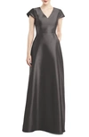 Alfred Sung V-neck Satin Cap Sleeve Gown In Caviar