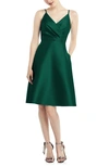 Alfred Sung Draped Faux Wrap Cocktail Dress With Pockets In Green