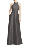 Alfred Sung Halter Style Satin Twill A-line Gown In Caviar
