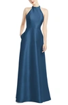 Alfred Sung Halter Style Satin Twill A-line Gown In Dusk Blue