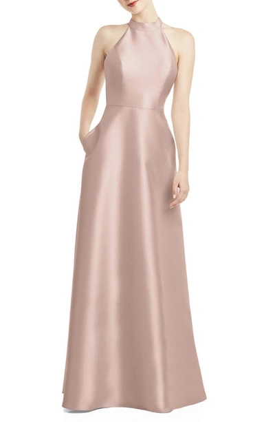 Alfred Sung Halter Style Satin Twill A-line Gown In Toasted Sugar