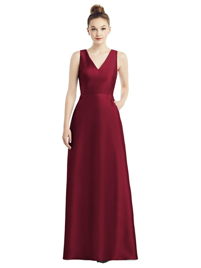 Alfred Sung V-neck Satin Twill A-line Gown In Red