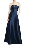 Alfred Sung Strapless Notch Satin Gown With Pockets In Blue