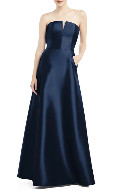 Alfred Sung Strapless Notch Satin Gown With Pockets In Blue