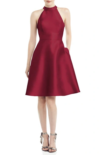 Alfred Sung Halter Style Satin Twill Cocktail Dress In Burgundy