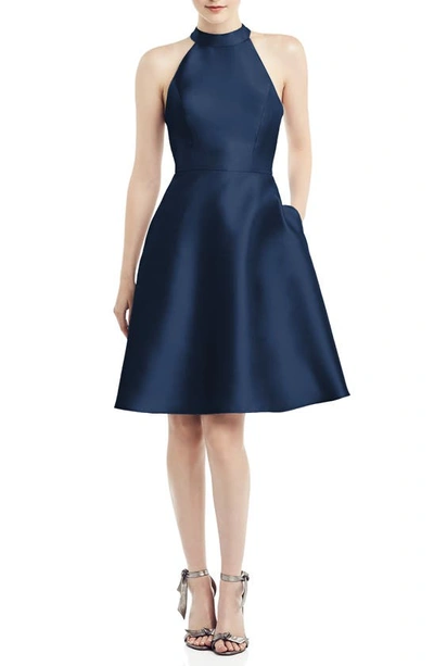Alfred Sung Halter Style Satin Twill Cocktail Dress In Midnight