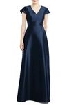 Alfred Sung V-neck Satin Cap Sleeve Gown In Midnight