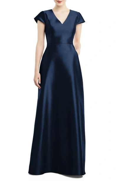 Alfred Sung V-neck Satin Cap Sleeve Gown In Midnight