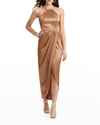 After Six Satin Halter Dress W/ Draped Tulip Skirt In Brown