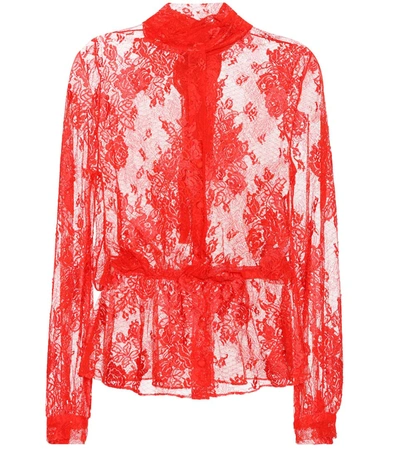 Balenciaga Lace Scarf-tie Blouse, Red