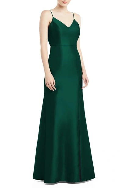 Alfred Sung V-neck Full Skirt Satin Maxi Dress In Hunter