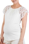 Cache Coeur Sofia Lace Sleeve Maternity/nursing Pajama Top In Pearl