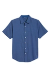 Cutter & Buck Windward Jigsaw Short Sleeve Button-up Shirt In Indigo/ Mars