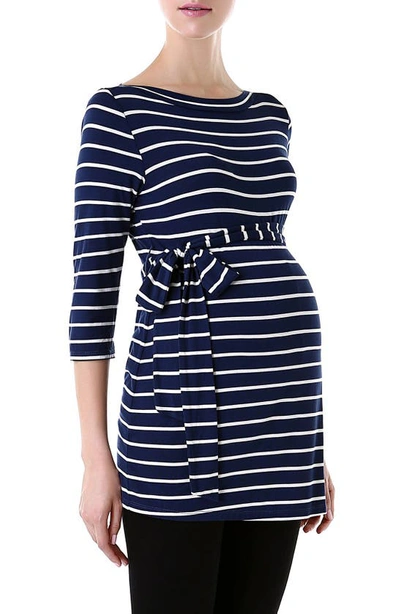 Kimi And Kai 'whitney' Stripe Belted Maternity Top In Navy/ Ivory
