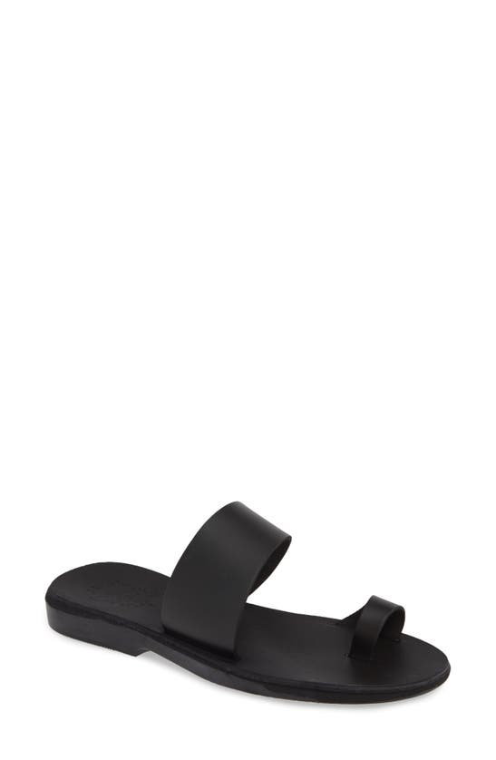 Jerusalem Sandals Abra Toe Loop Slide Sandal In Black Leather | ModeSens
