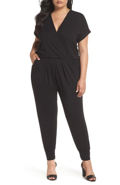 Loveappella Short Sleeve Wrap Top Jumpsuit In Black